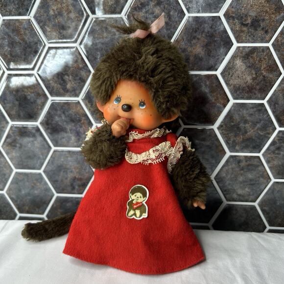 1974 Sekiguchi Monchhichi Thumb Sucking Doll 7.5” Red Dress Mattel - Picture 1 of 7